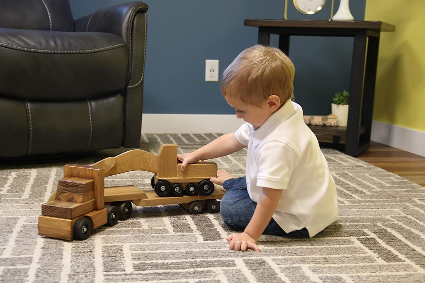 Large Wooden Toy Truck & Low Boy Flatbed Trailer with Excavator Set - Chickadees Wooden Toys