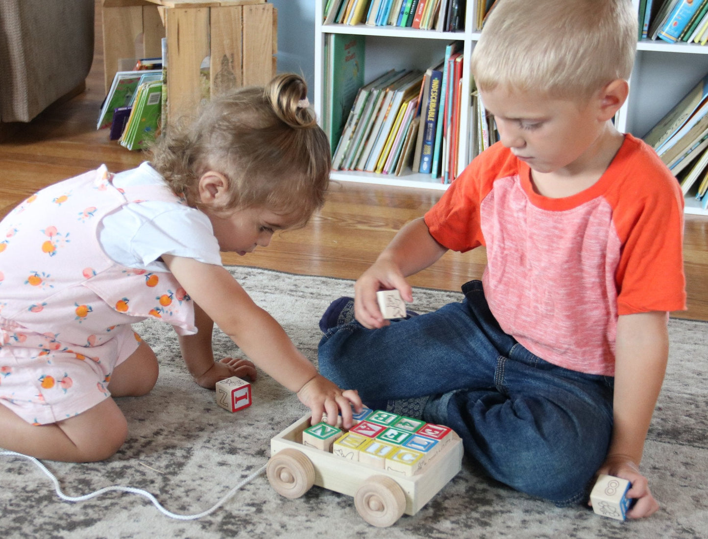 Amish-Made Wooden ABC Block Toddler Pull-String Wagon Toy