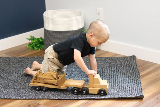 Amish-Made Wooden Toy Truck & Low Boy Flatbed Trailer with Bulldozer Set