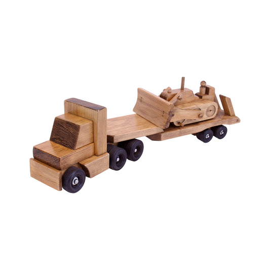 Amish-Made Wooden Toy Truck & Low Boy Flatbed Trailer with Bulldozer Set - Chickadees Wooden Toys
