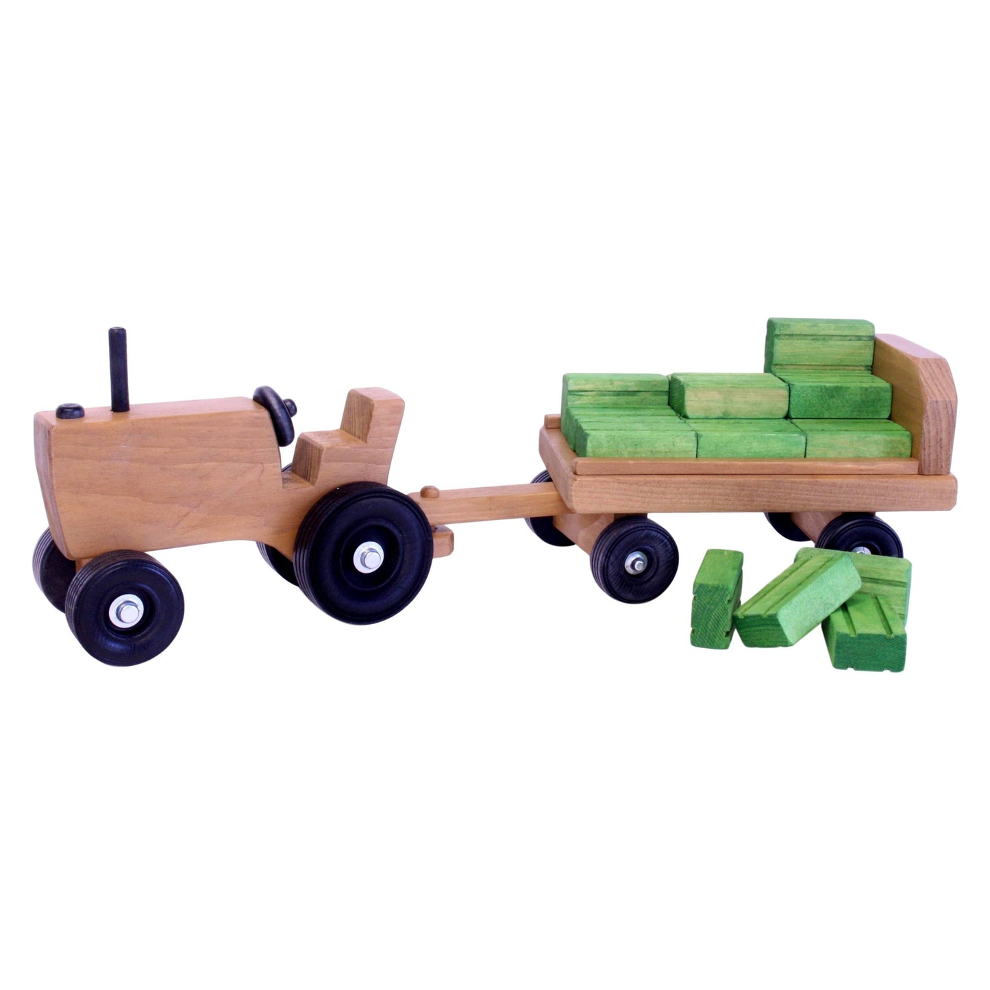 Amish-Made Wooden Toy Tractor and Wagon Set with Hay Bales - Chickadees Wooden Toys