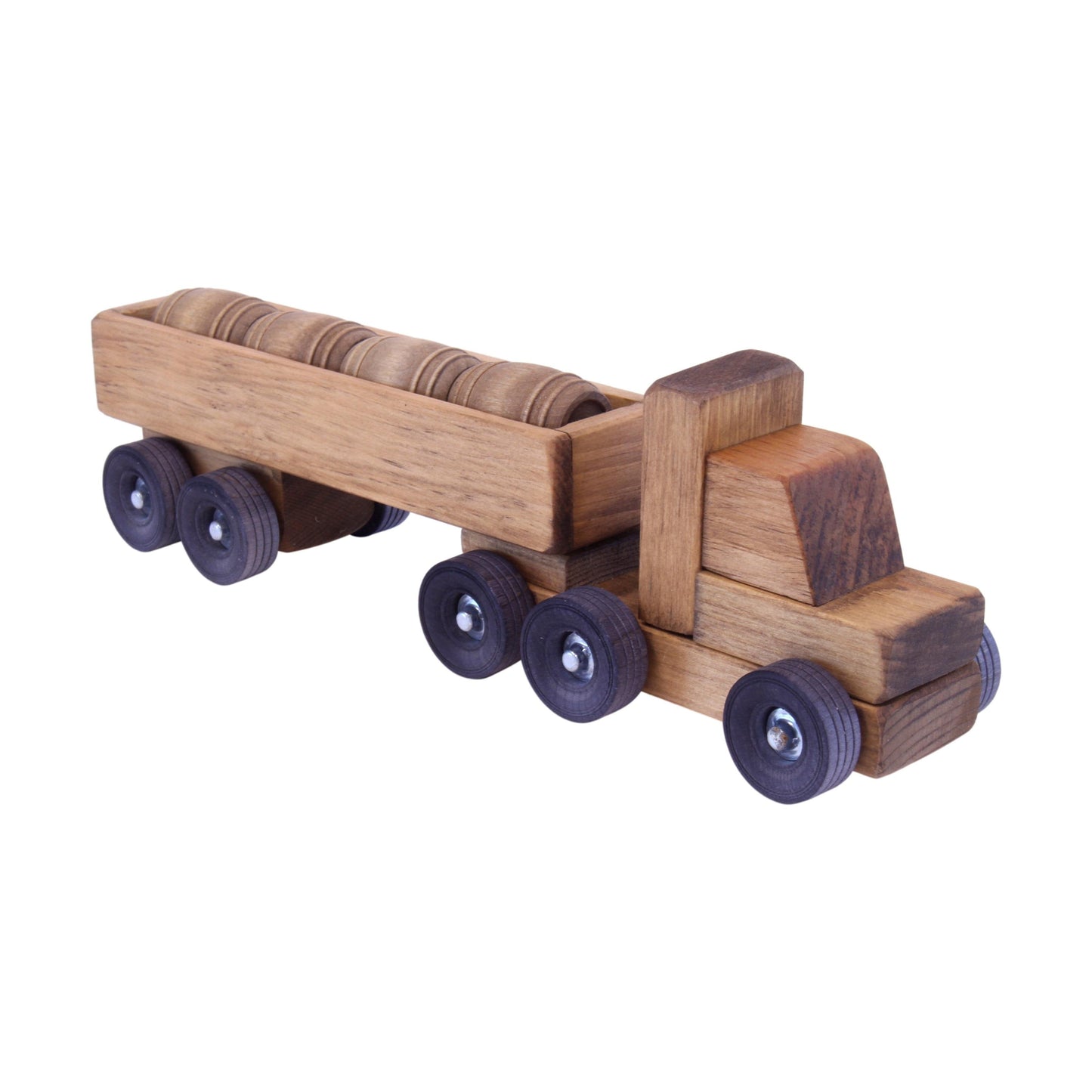 Wooden Barrel Truck Toy With Removable Wood Barrels, Child-Safe Harvest Stain Finish - Chickadees Wooden Toys