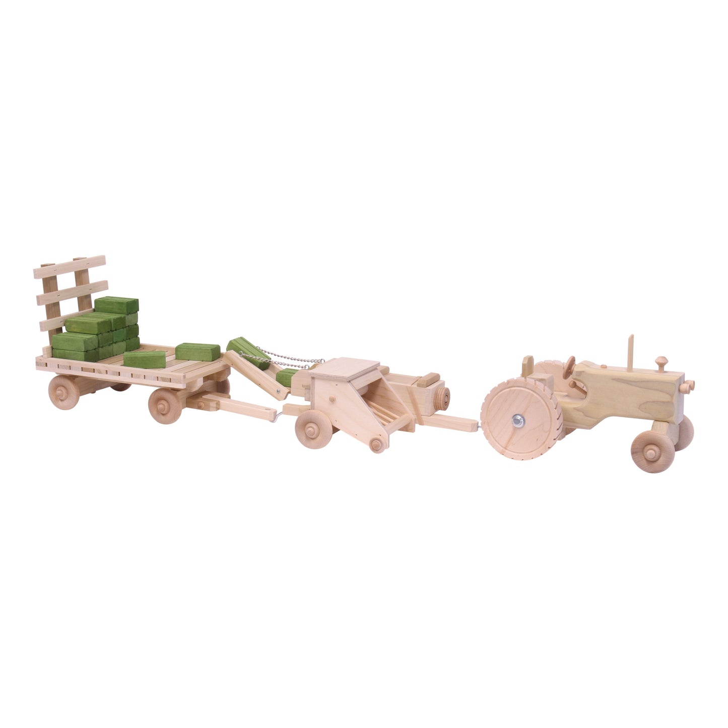 Little Farmer Hay Baling Toy Set - Wooden Toy Tractor, Hay Baler, Hay Wagon and 16 Hay Bales - Chickadees Wooden Toys