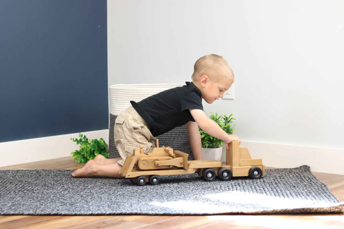 Amish-Made Wooden Toy Truck & Low Boy Flatbed Trailer with Bulldozer Set - Chickadees Wooden Toys