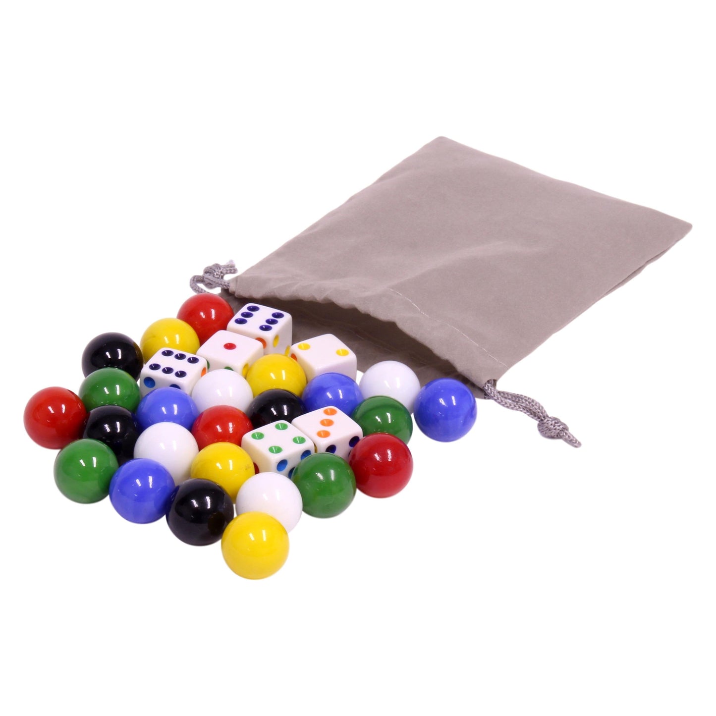 Game Bag of 24 Large Glass Marbles (18mm Diameter) and 6 Dice for Aggravation Game - Chickadees Wooden Toys