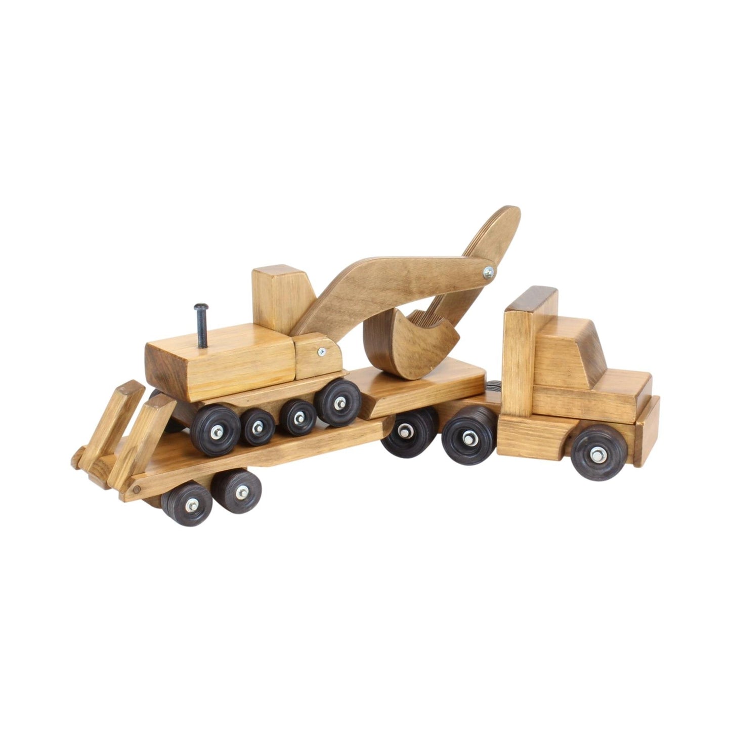 Large Wooden Toy Truck & Low Boy Flatbed Trailer with Excavator Set - Chickadees Wooden Toys