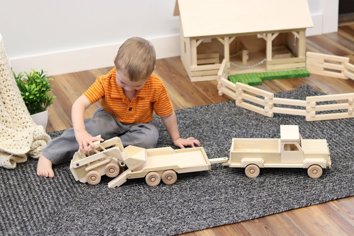 Wooden Toy Pickup Truck and Flatbed Trailer with Skidloader Set - Chickadees Wooden Toys
