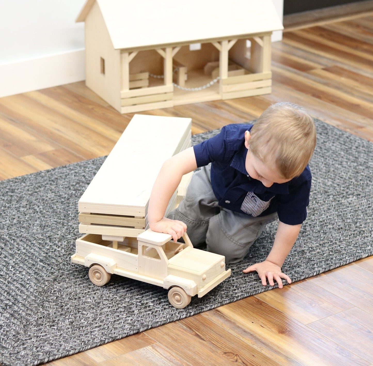 Amish-Made Wooden Toy Pickup and Gooseneck Trailer Set - Chickadees Wooden Toys