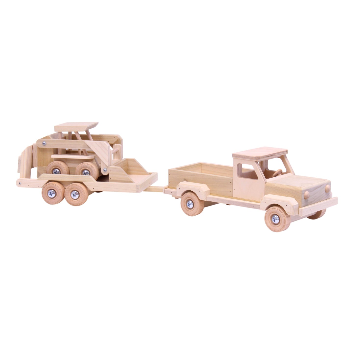 Wooden Toy Pickup Truck and Flatbed Trailer with Skidloader Set - Chickadees Wooden Toys
