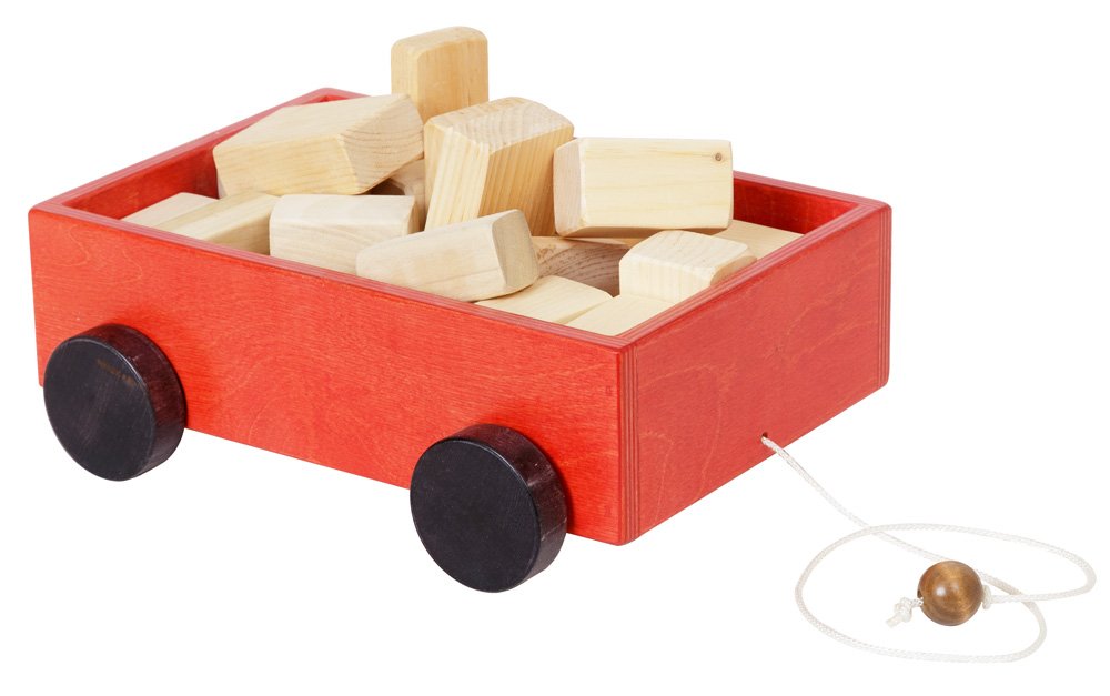 Amish-Made Wooden Toddler Pull Wagon Toy with Wood Building Blocks - Chickadees Wooden Toys