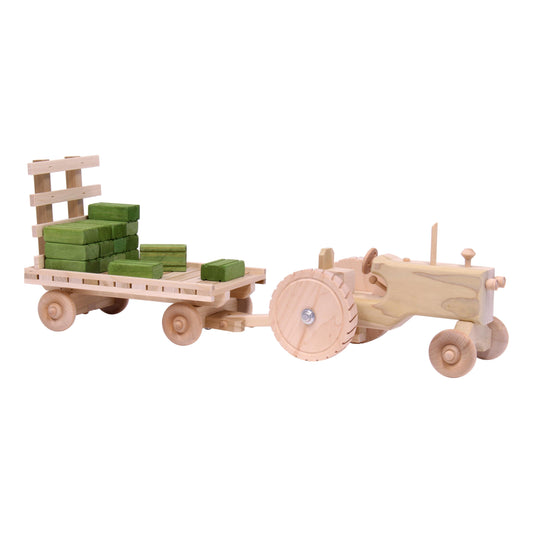Amish-Made Wooden Toy Tractor & Hay Wagon Set with Hay Bales - Chickadees Wooden Toys