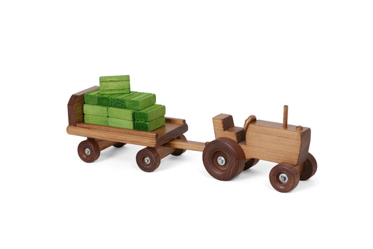 Amish-Made Wooden Toy Tractor and Wagon Set with Hay Bales - Chickadees Wooden Toys