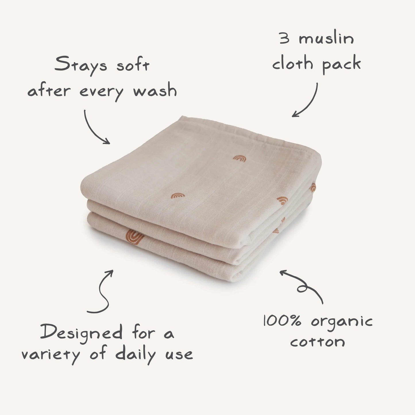 Organic Cotton Muslin Cloths 3-Pack - Chickadees Wooden Toys