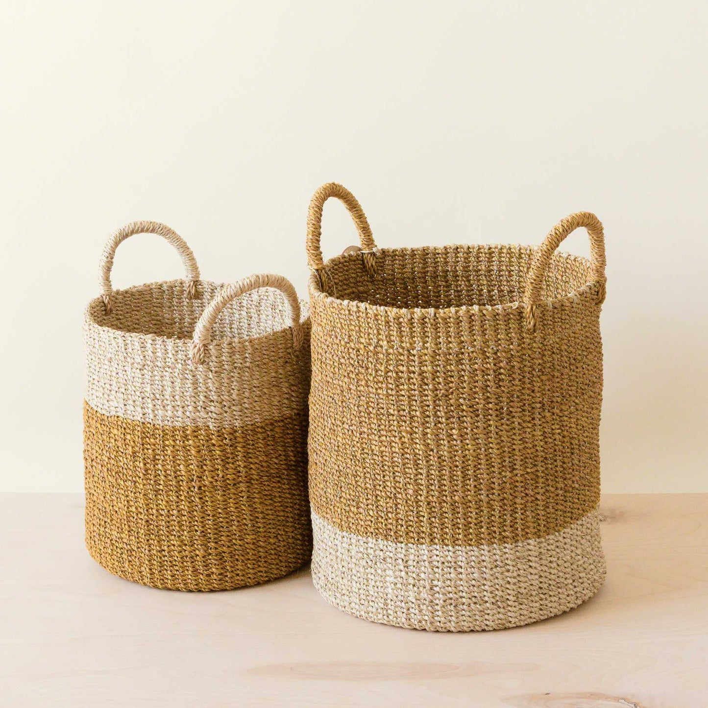 Mustard Baskets with Handle, set of 2 - Cylinder Baskets | LIKHÂ - Chickadees Wooden Toys
