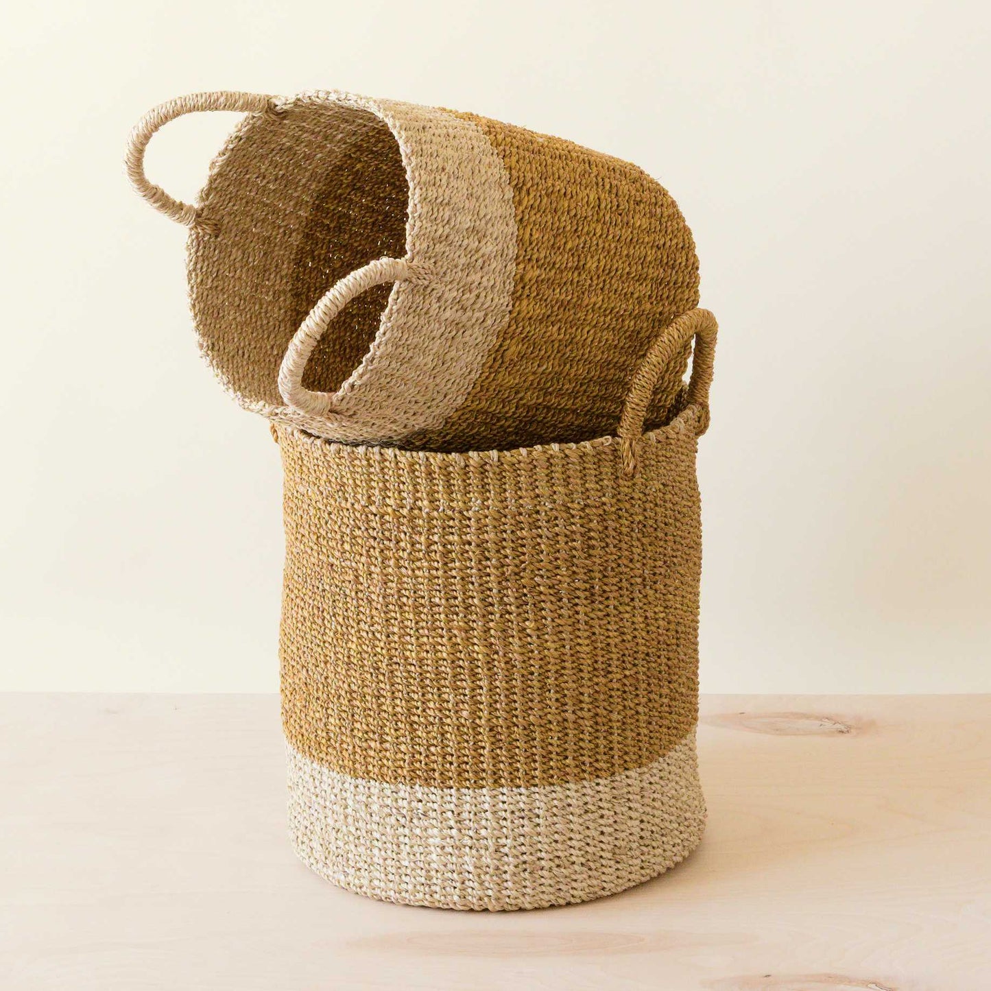 Mustard Baskets with Handle, set of 2 - Cylinder Baskets | LIKHÂ - Chickadees Wooden Toys
