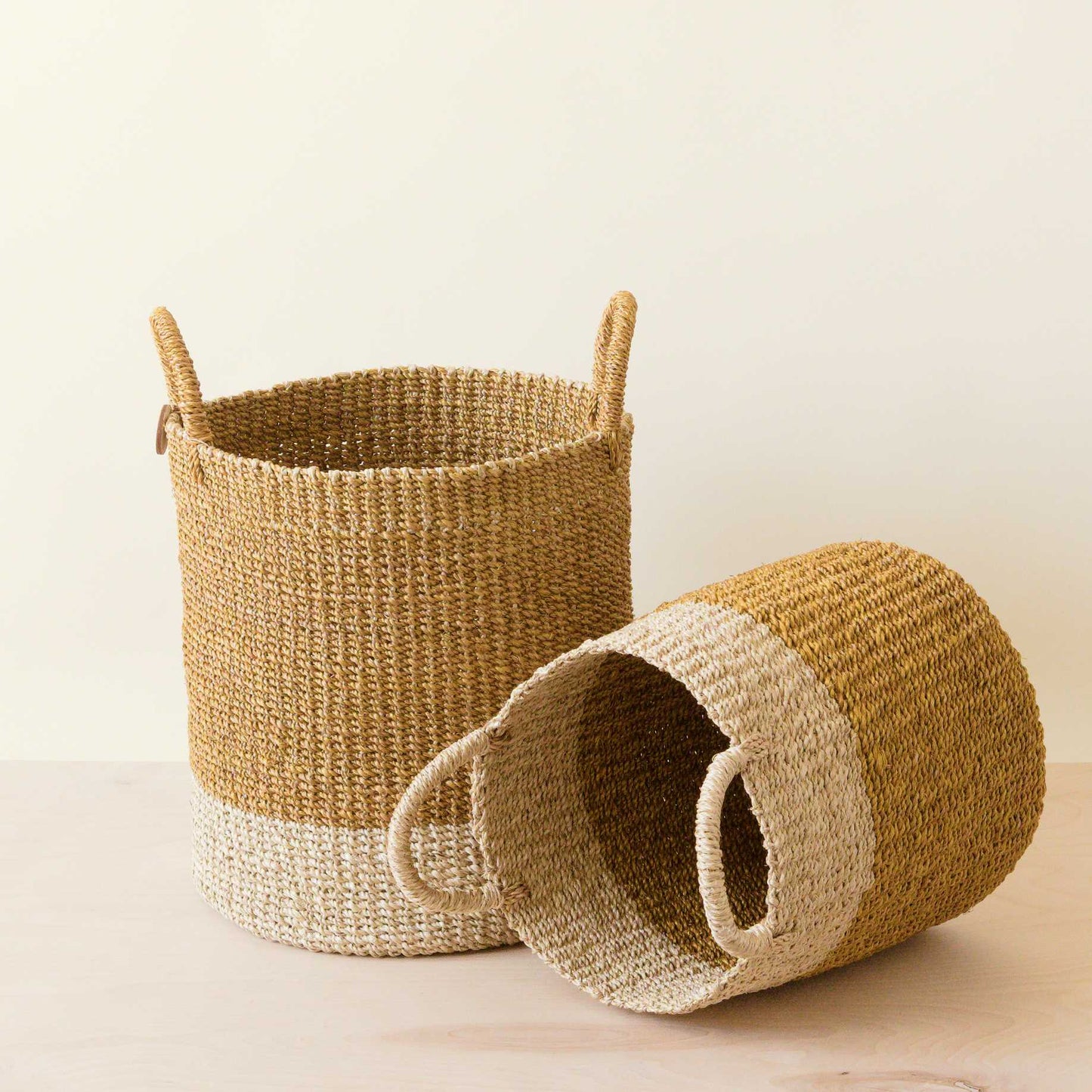 Mustard Baskets with Handle, set of 2 - Cylinder Baskets | LIKHÂ - Chickadees Wooden Toys