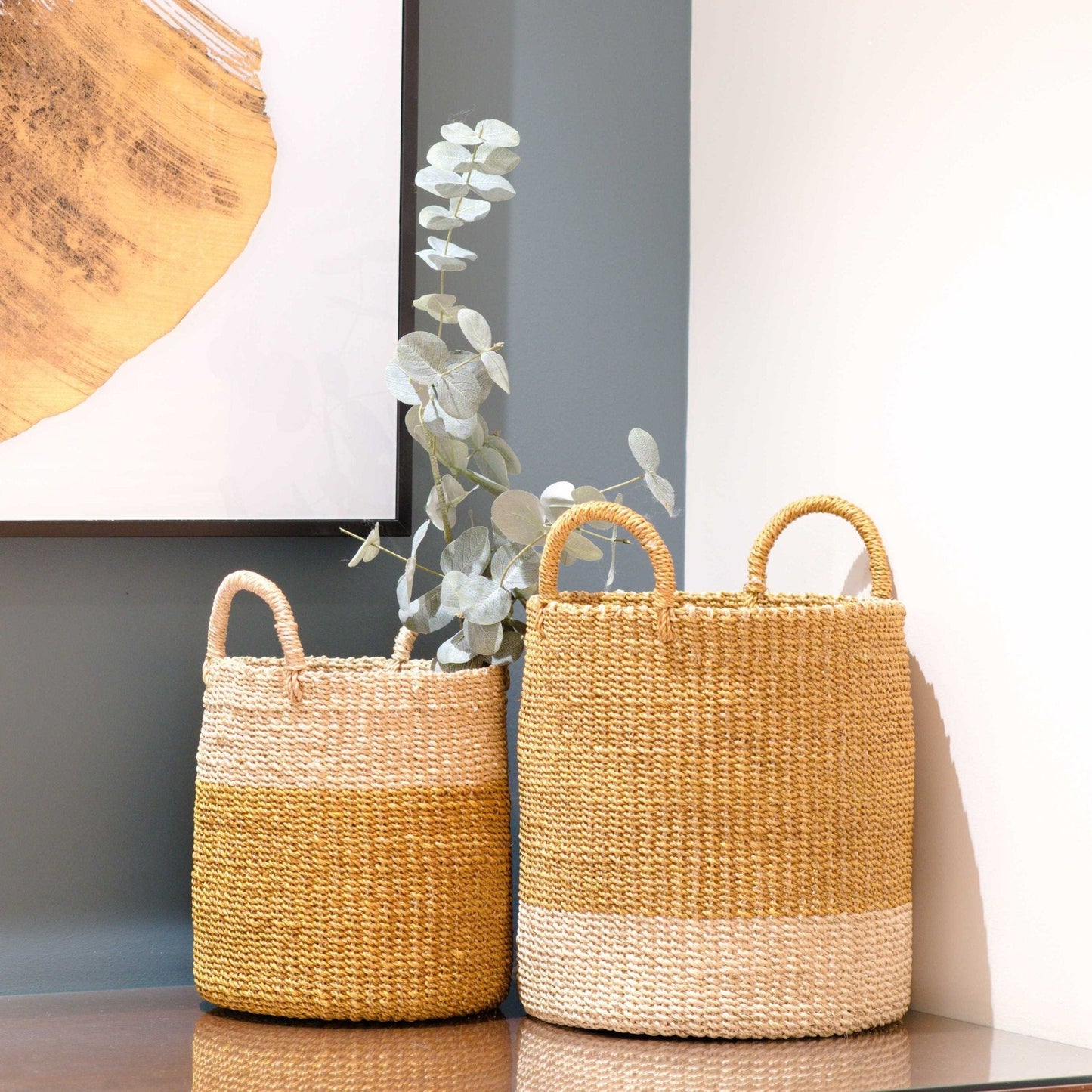 Mustard Baskets with Handle, set of 2 - Cylinder Baskets | LIKHÂ - Chickadees Wooden Toys