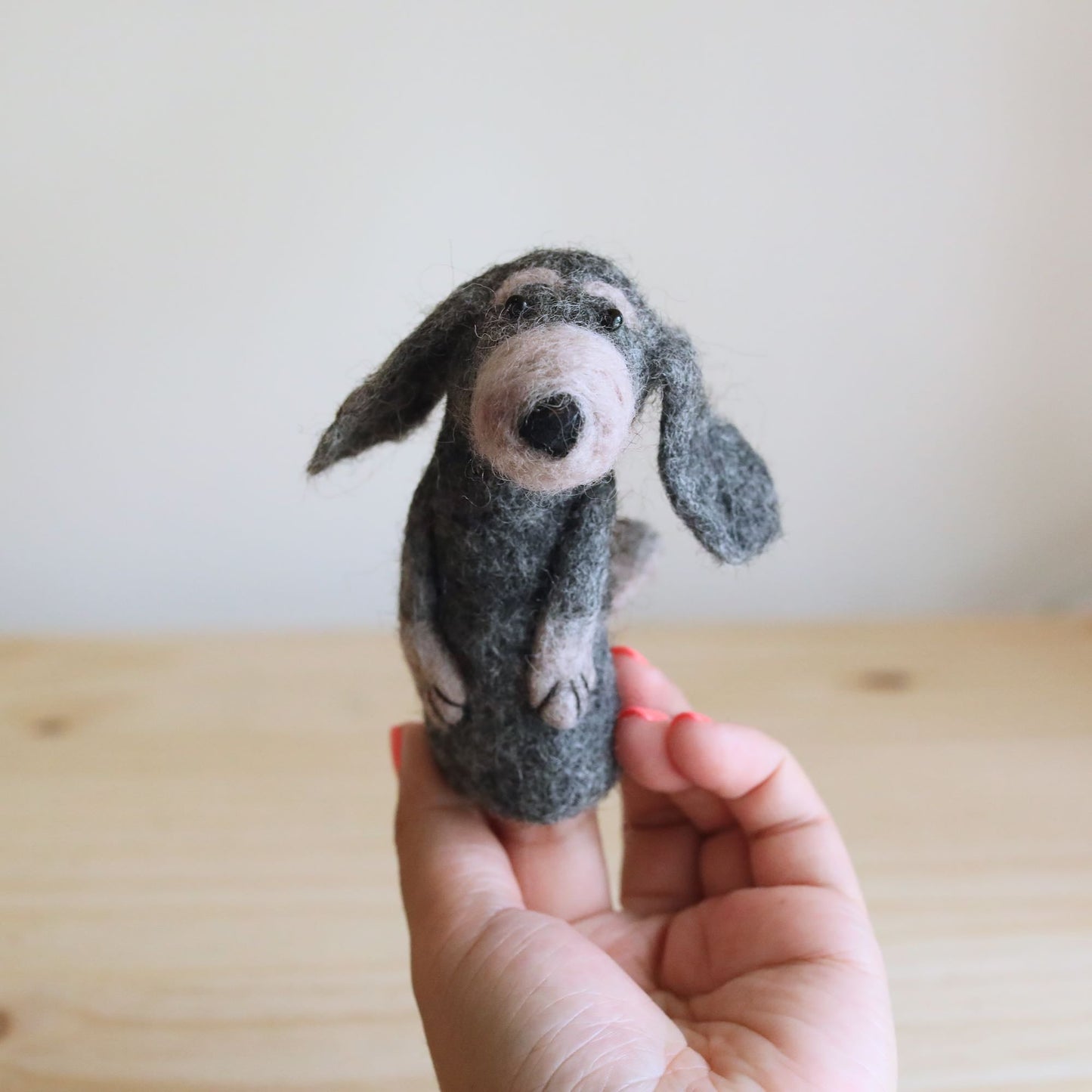 Old Gray Dog Finger Puppet - Chickadees Wooden Toys