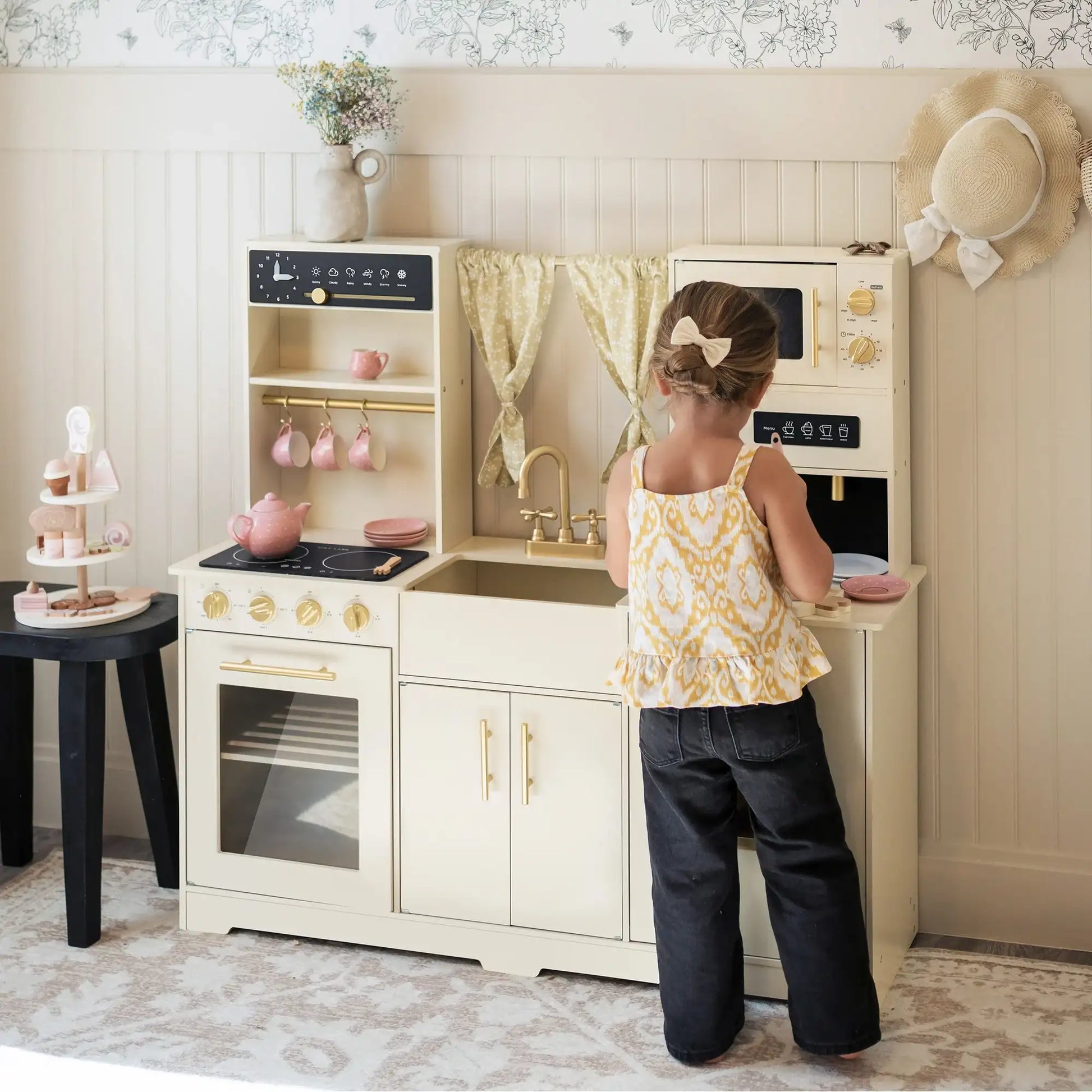 Tiny Land® Iconic Wooden Play Kitchen – Cream Pretend Cooking Set for Kids - Chickadees Wooden Toys