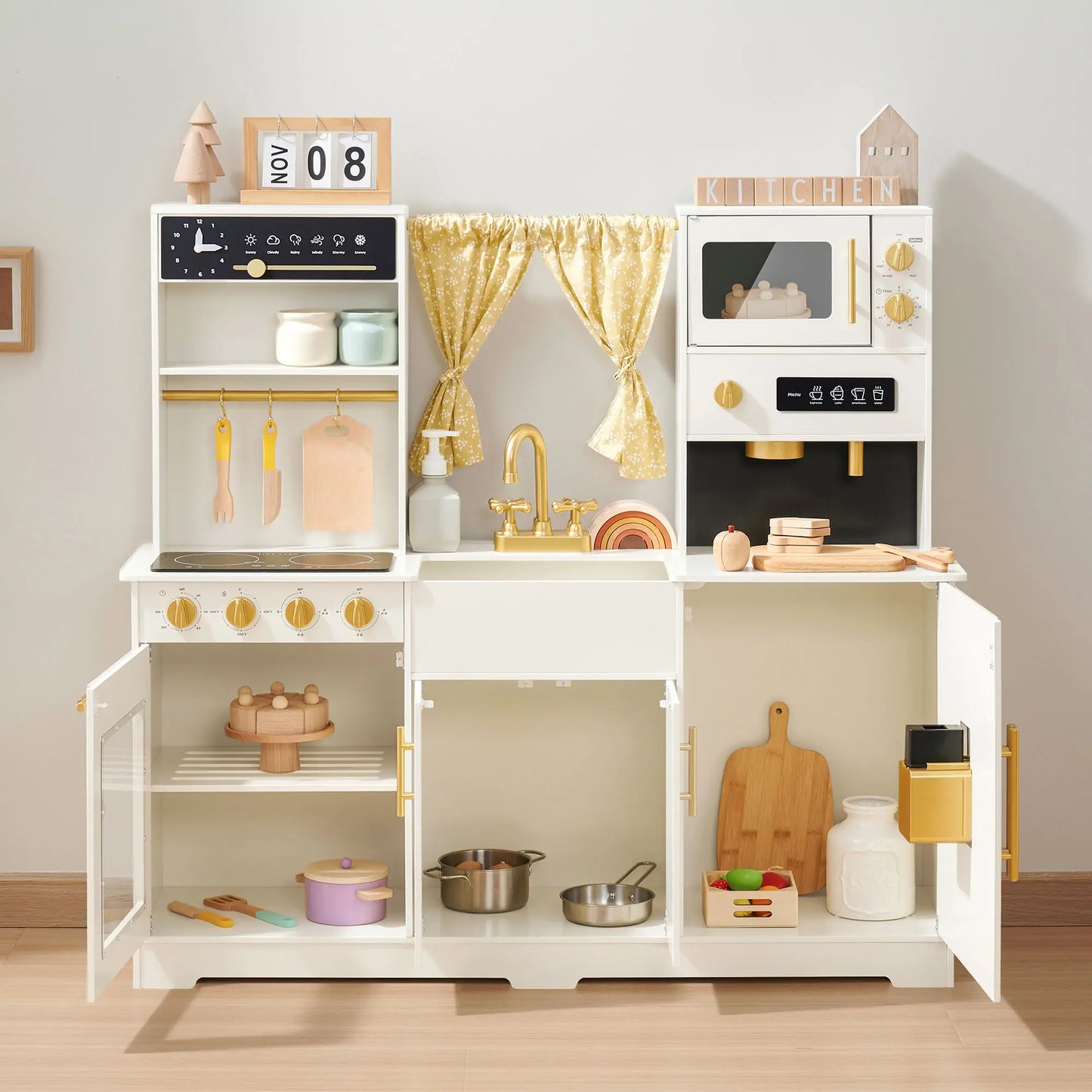 Tiny Land® Iconic Wooden Play Kitchen – Cream Pretend Cooking Set for Kids - Chickadees Wooden Toys