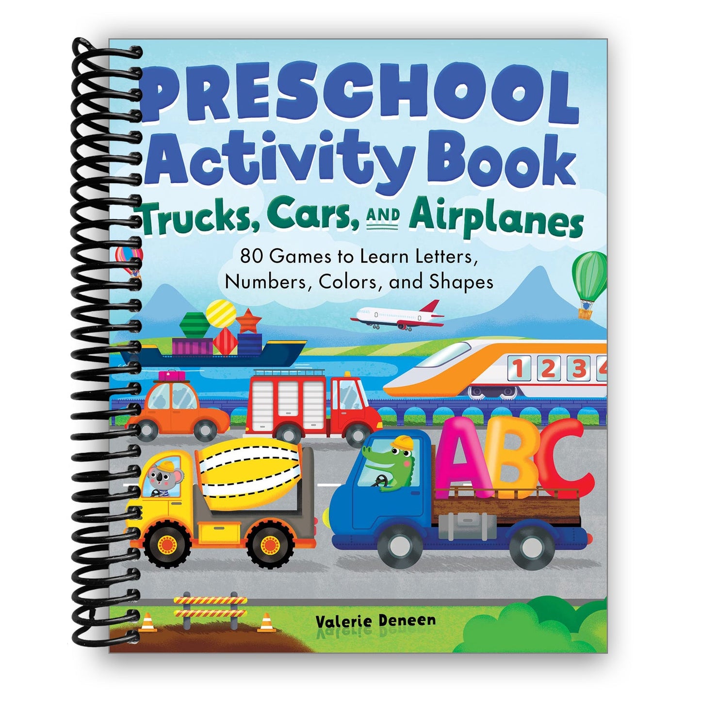 Preschool Activity Book Trucks, Cars, and Airplanes: 80 Games to Learn Letters, Numbers, Colors, and Shapes (Spiral Bound) - Chickadees Wooden Toys