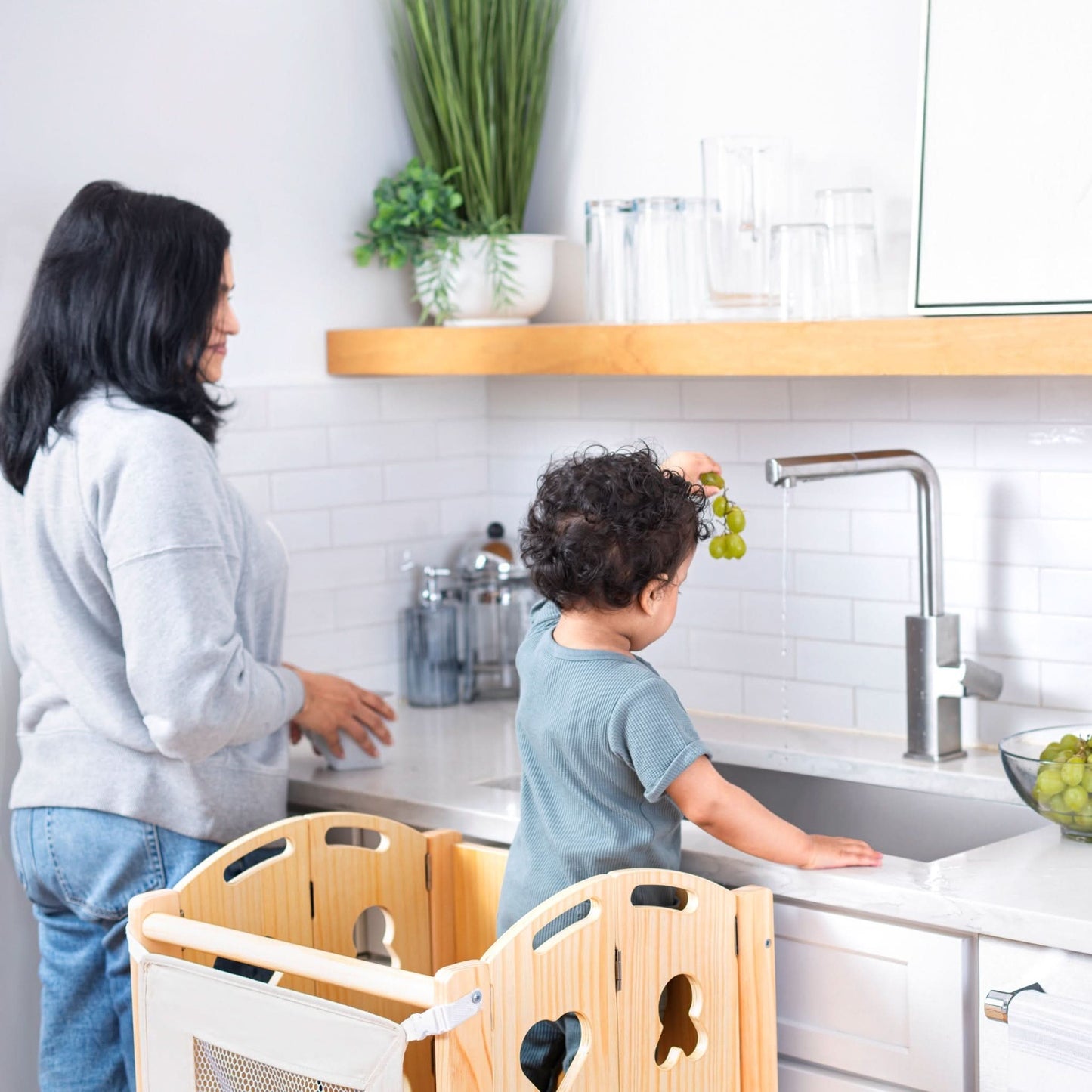 Laurel 4-in-1 Foldable Kitchen Tower, Step Stool, Slide & Chalkboard for Toddlers - Chickadees Wooden Toys