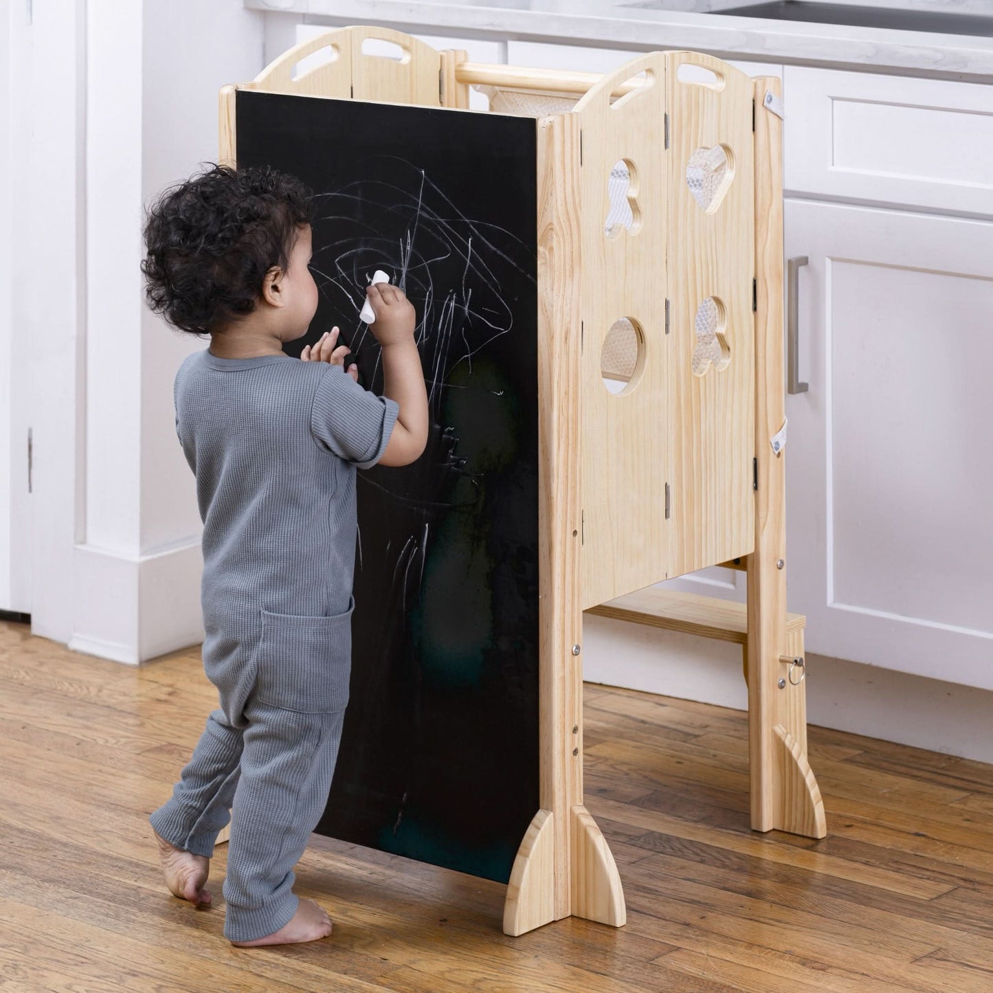 Laurel 4-in-1 Foldable Kitchen Tower, Step Stool, Slide & Chalkboard for Toddlers - Chickadees Wooden Toys