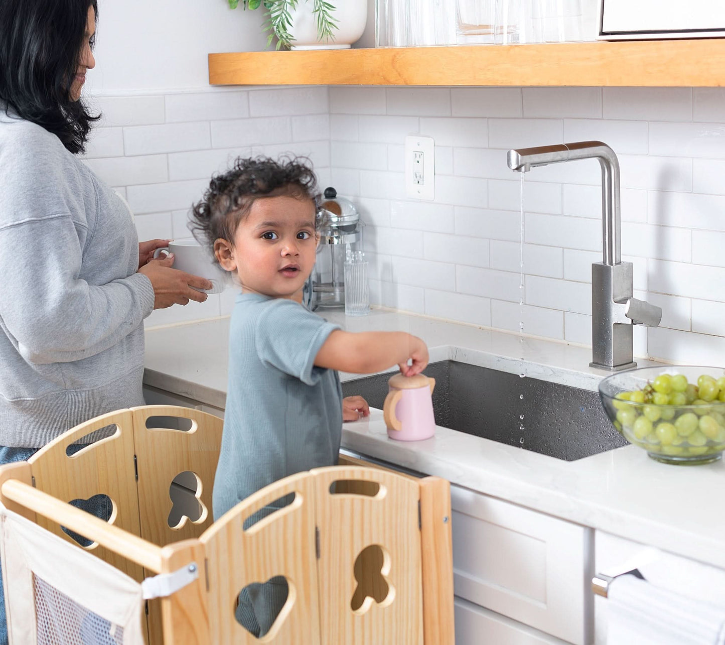 Laurel 4-in-1 Foldable Kitchen Tower, Step Stool, Slide & Chalkboard for Toddlers - Chickadees Wooden Toys