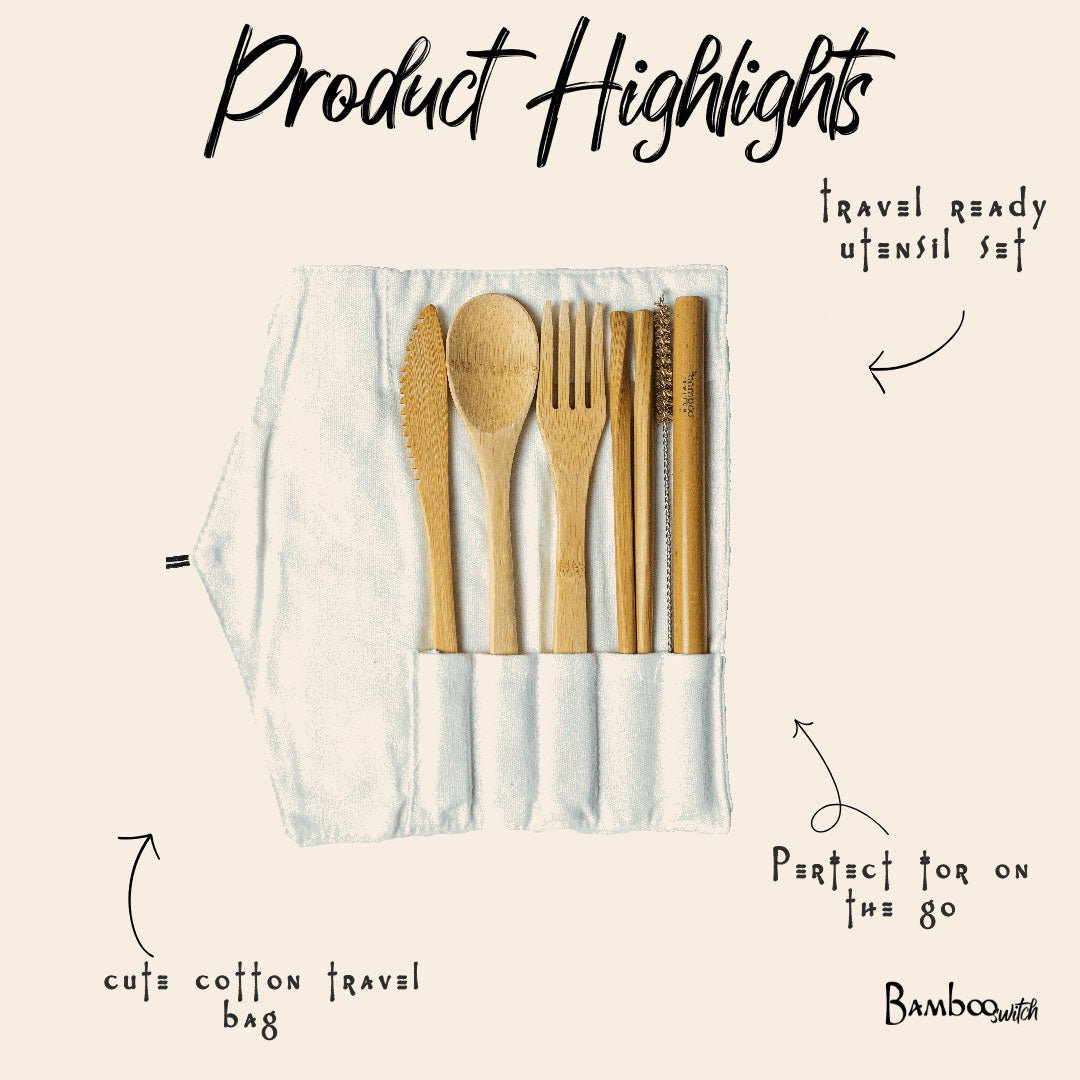 Bamboo Travel Cutlery & Cotton Pouch Set - Chickadees Wooden Toys
