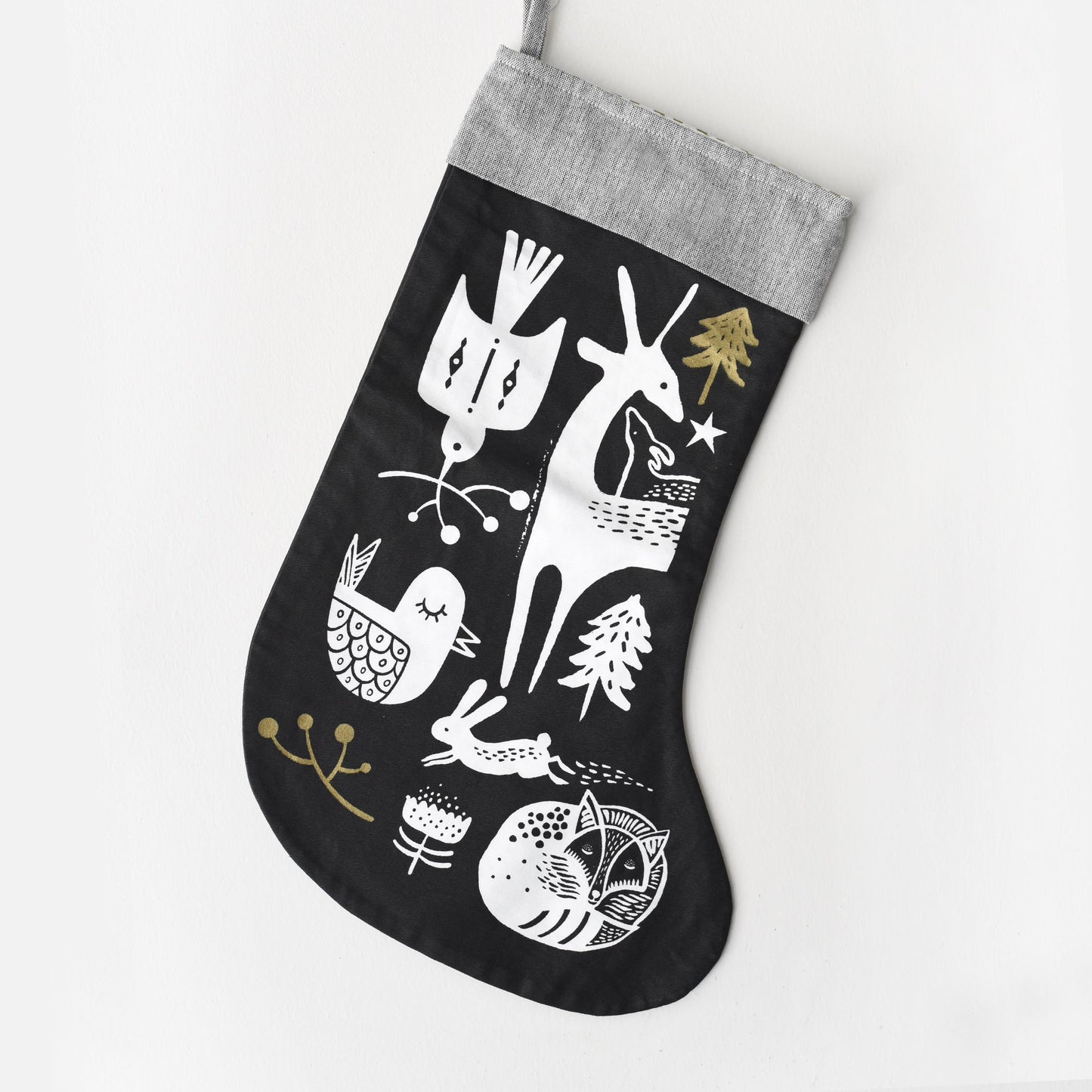 Winter Animals Stocking - White on Black - Chickadees Wooden Toys
