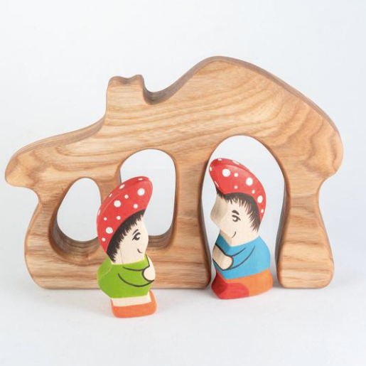 Wood Gnome House with Gnomes (set of 2)