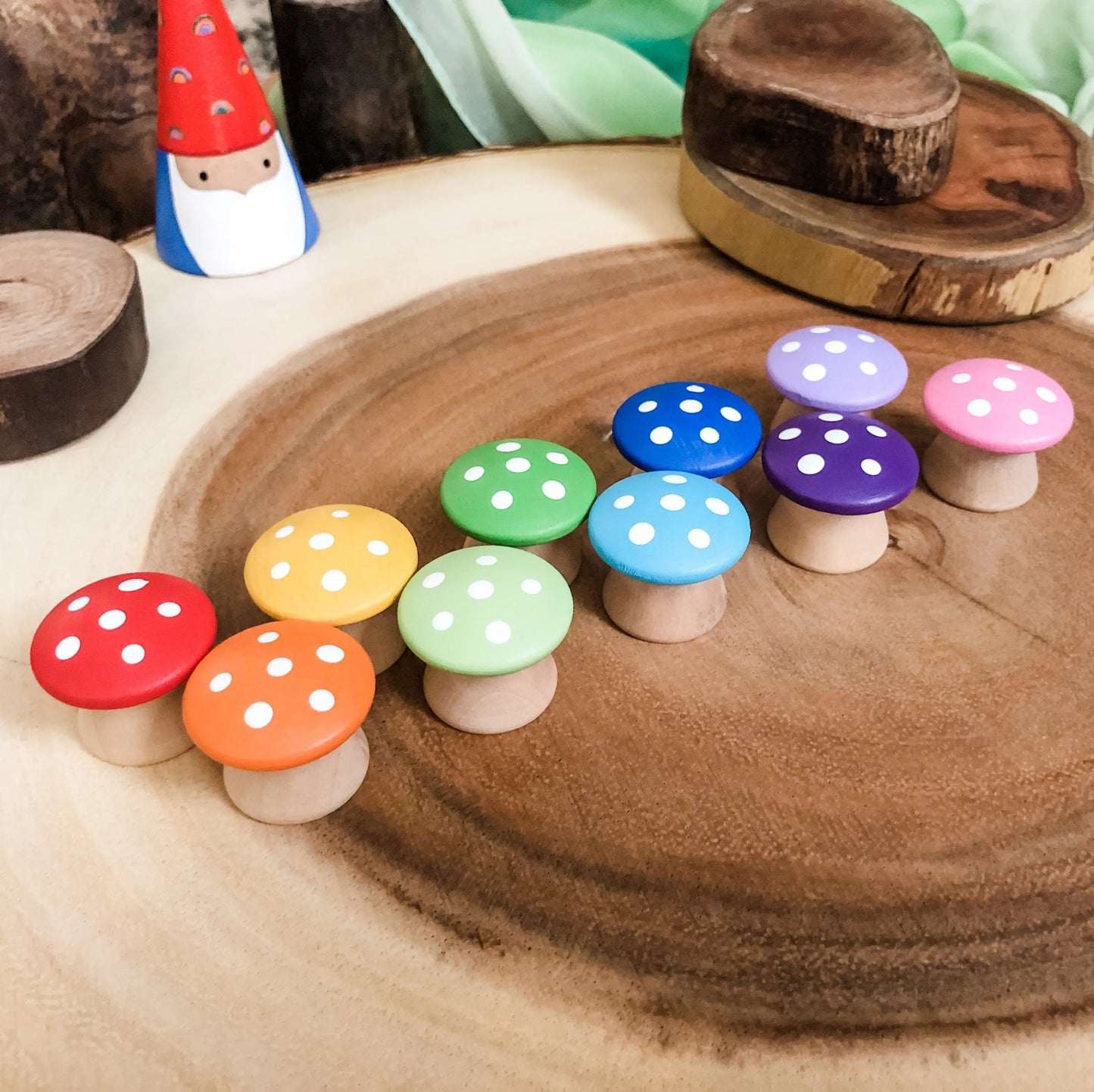 10 Rainbow Mushrooms - Chickadees Wooden Toys