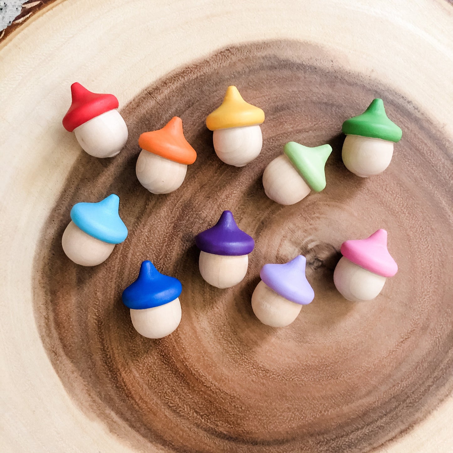 10 Rainbow Acorns - Chickadees Wooden Toys