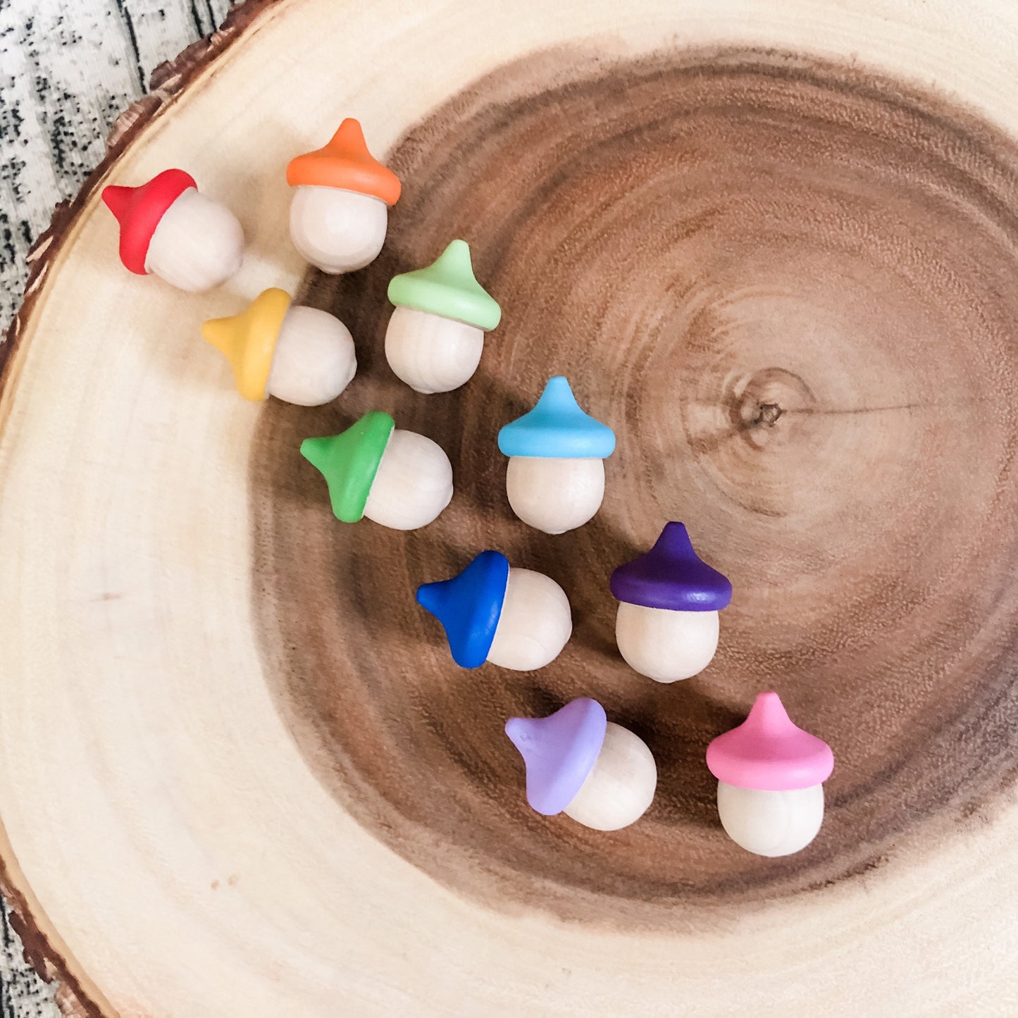 10 Rainbow Acorns - Chickadees Wooden Toys
