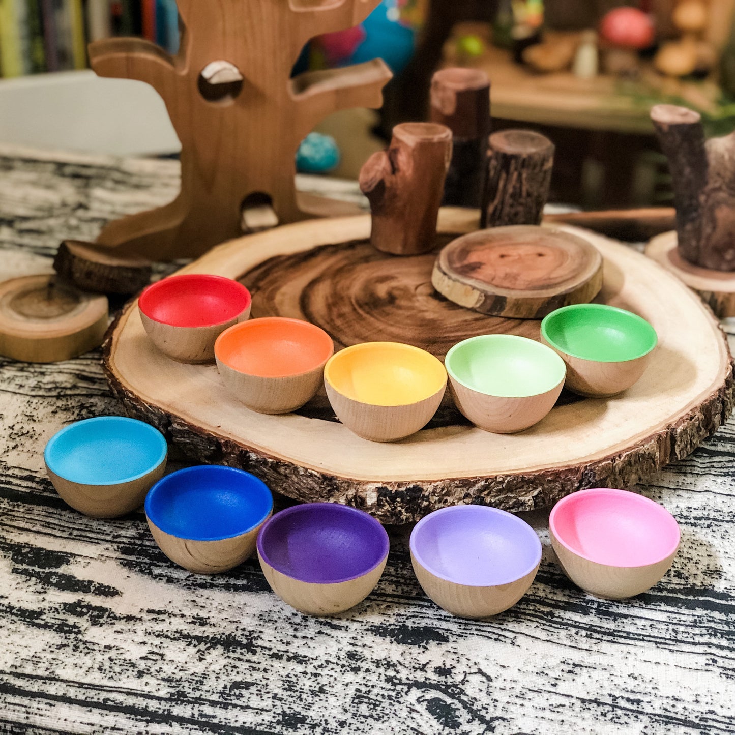 10 Rainbow Wooden Bowls - Chickadees Wooden Toys