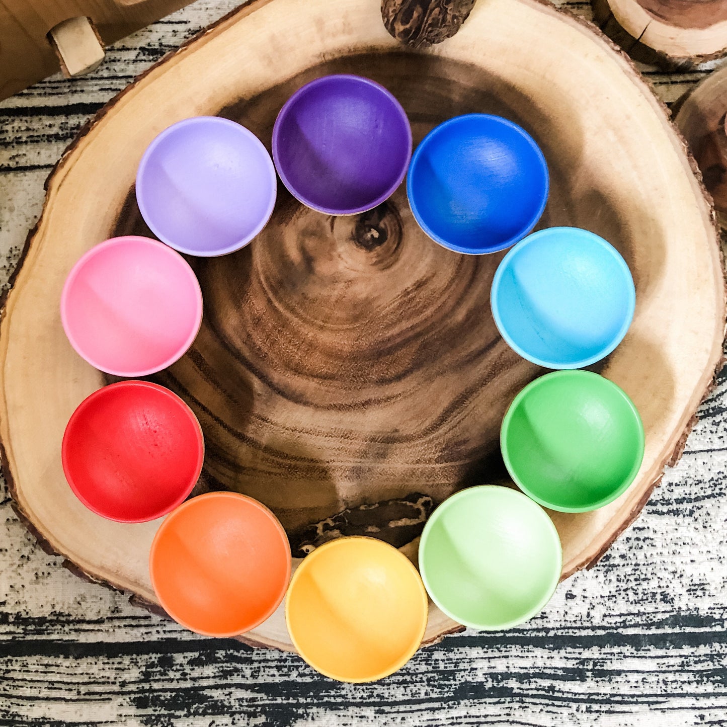 10 Rainbow Wooden Bowls - Chickadees Wooden Toys