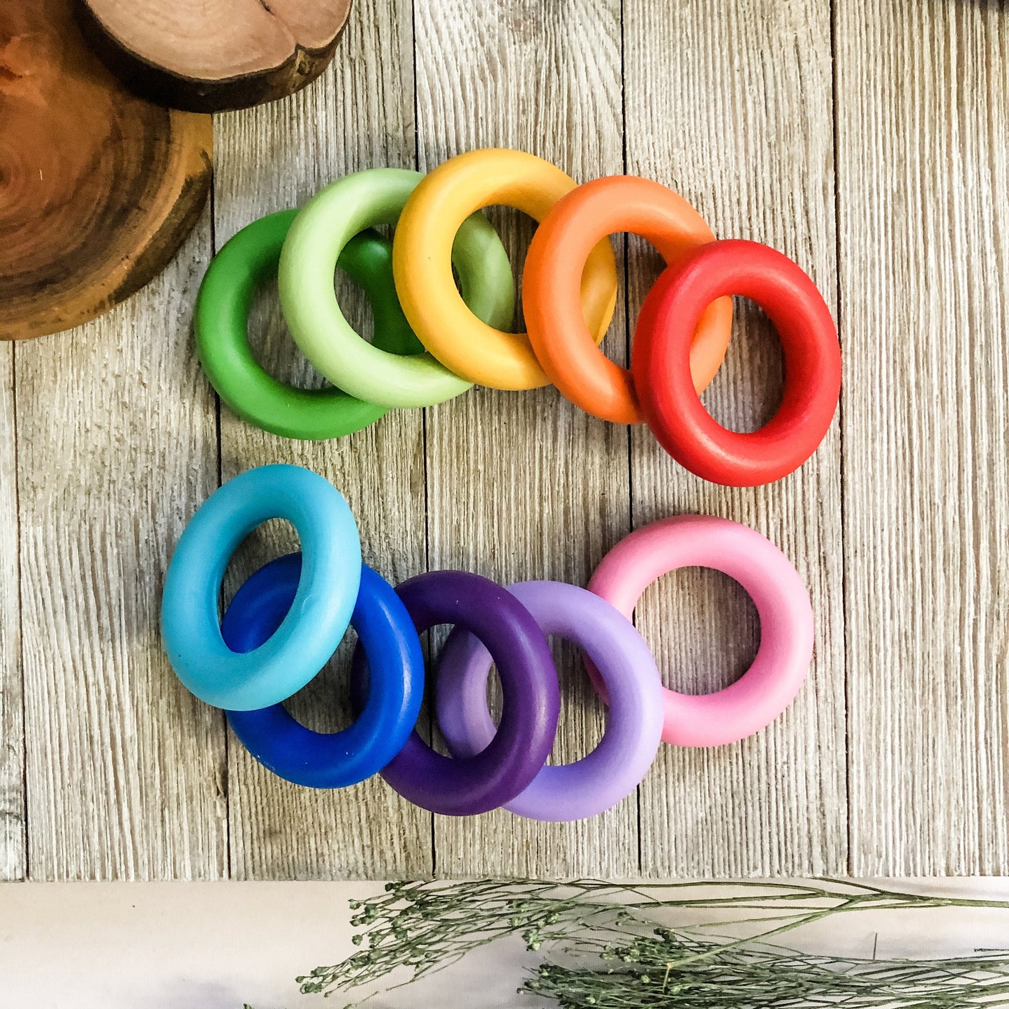 10 Toddler Size Rainbow Rings - Chickadees Wooden Toys