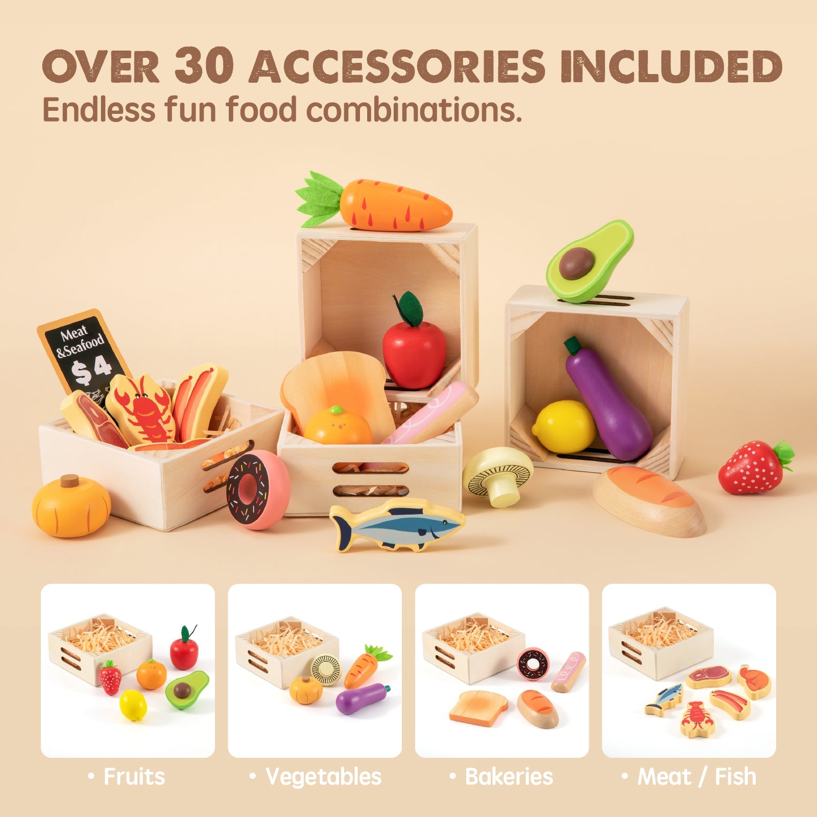 Tiny Land® Play Kitchen Accessories – Wooden Play Food for Play Kitchen: Pretend Cooking Set for Kids - Chickadees Wooden Toys