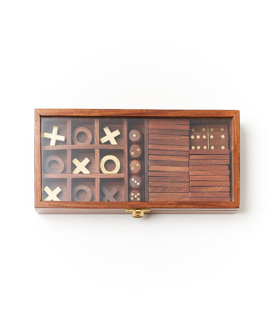 3-in-1 Game Set Dice, Dominoes, Tic Tac Toe - Handcrafted Wood - Chickadees Wooden Toys