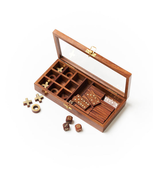 3-in-1 Game Set Dice, Dominoes, Tic Tac Toe - Handcrafted Wood - Chickadees Wooden Toys