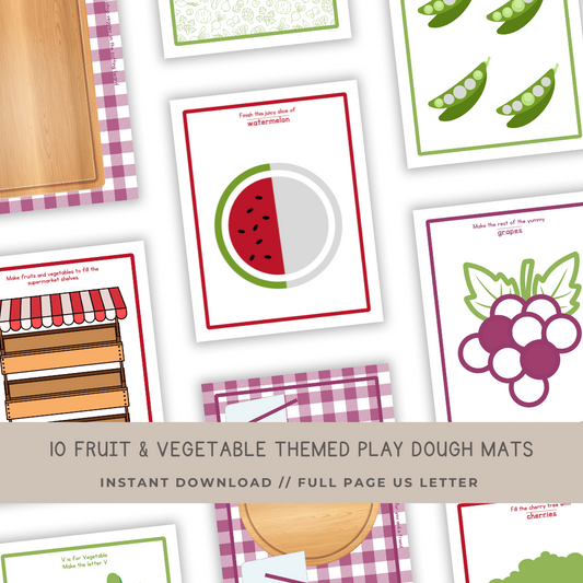 10 Fruit & Veggie Themed Play Dough Mats - Digital Download