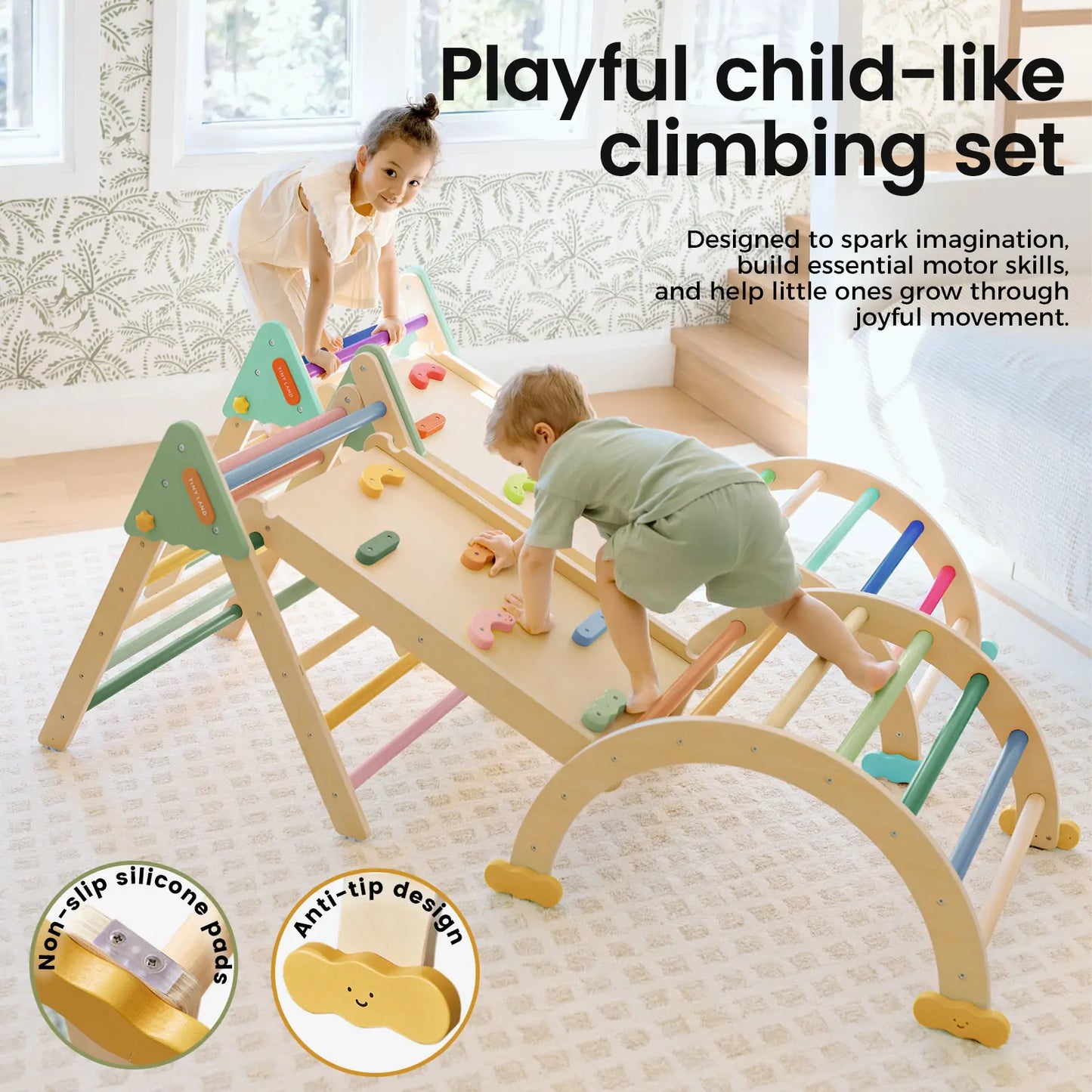 Tiny Land® 7-in-1 Morandi Pikler Triangle Set - Chickadees Wooden Toys