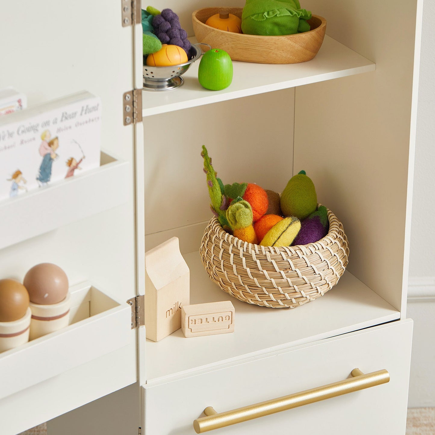 Tiny Land® Play Kitchen Accessories – Play Kitchen Fridge: Wooden Cabinet Refrigerator for Kids - Chickadees Wooden Toys