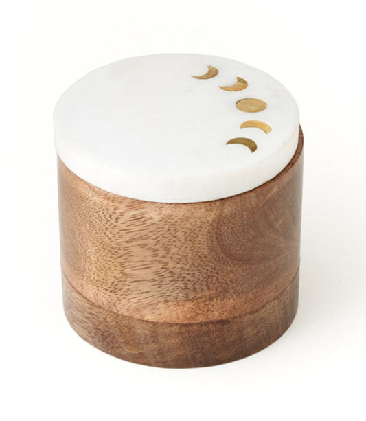 Indukala Moon Phase Round Keepsake Box - Wood, Marble, Brass - Chickadees Wooden Toys