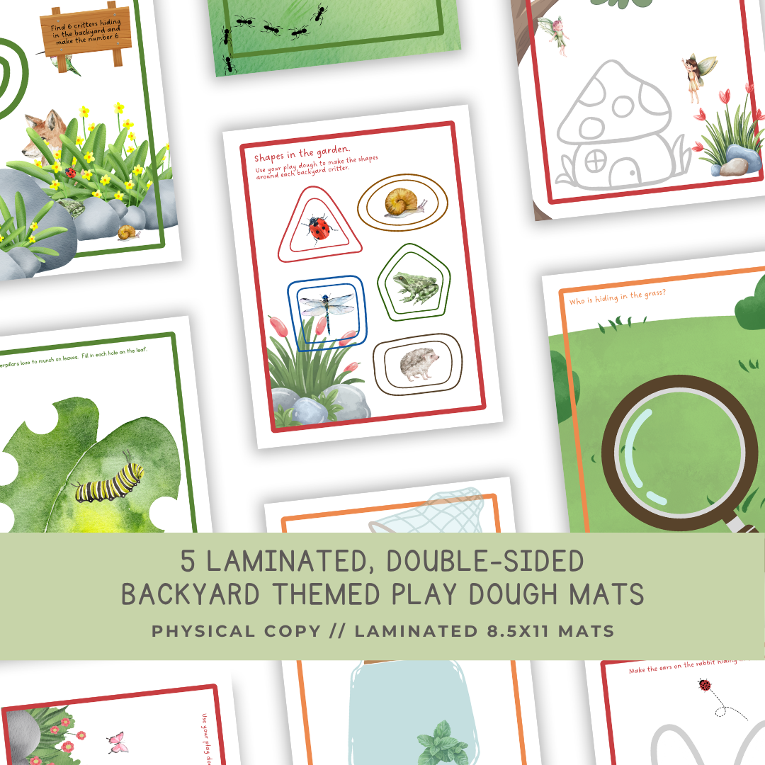 5 Double-sided BACKYARD Themed Play Dough Mats - Physical Product - Chickadees Wooden Toys