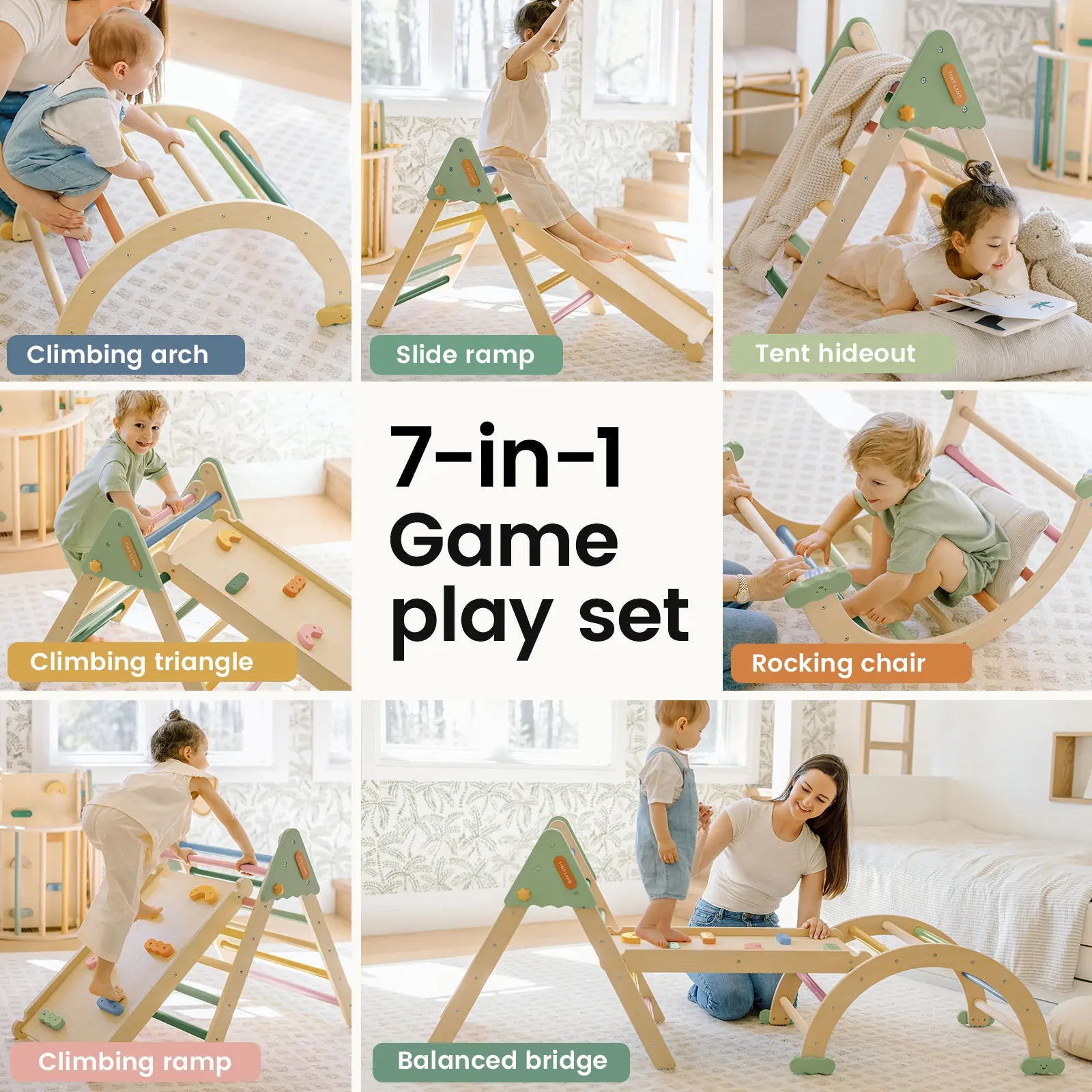 Tiny Land® 7-in-1 Morandi Pikler Triangle Set - Chickadees Wooden Toys