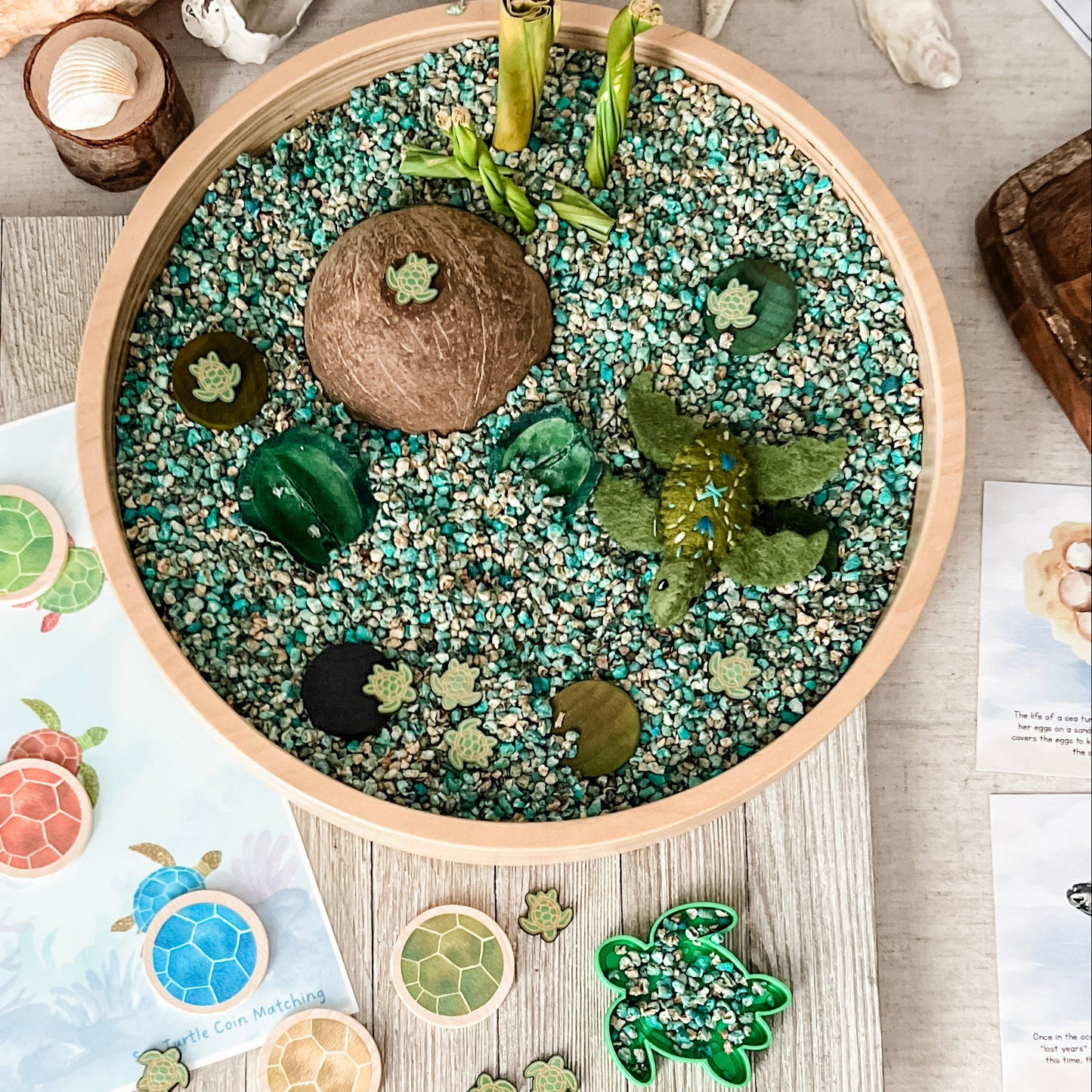 A styled flat-lay of a wooden circular tray filled with green and white pebbles, decorated with small sea turtle figurines, a coconut shell, and green leaves, alongside printed turtle-themed cards on a light wood surface.
