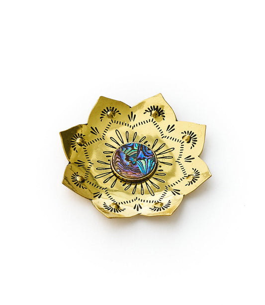 Kairavini Lotus Trinket Dish - Etched Brass, Abalone