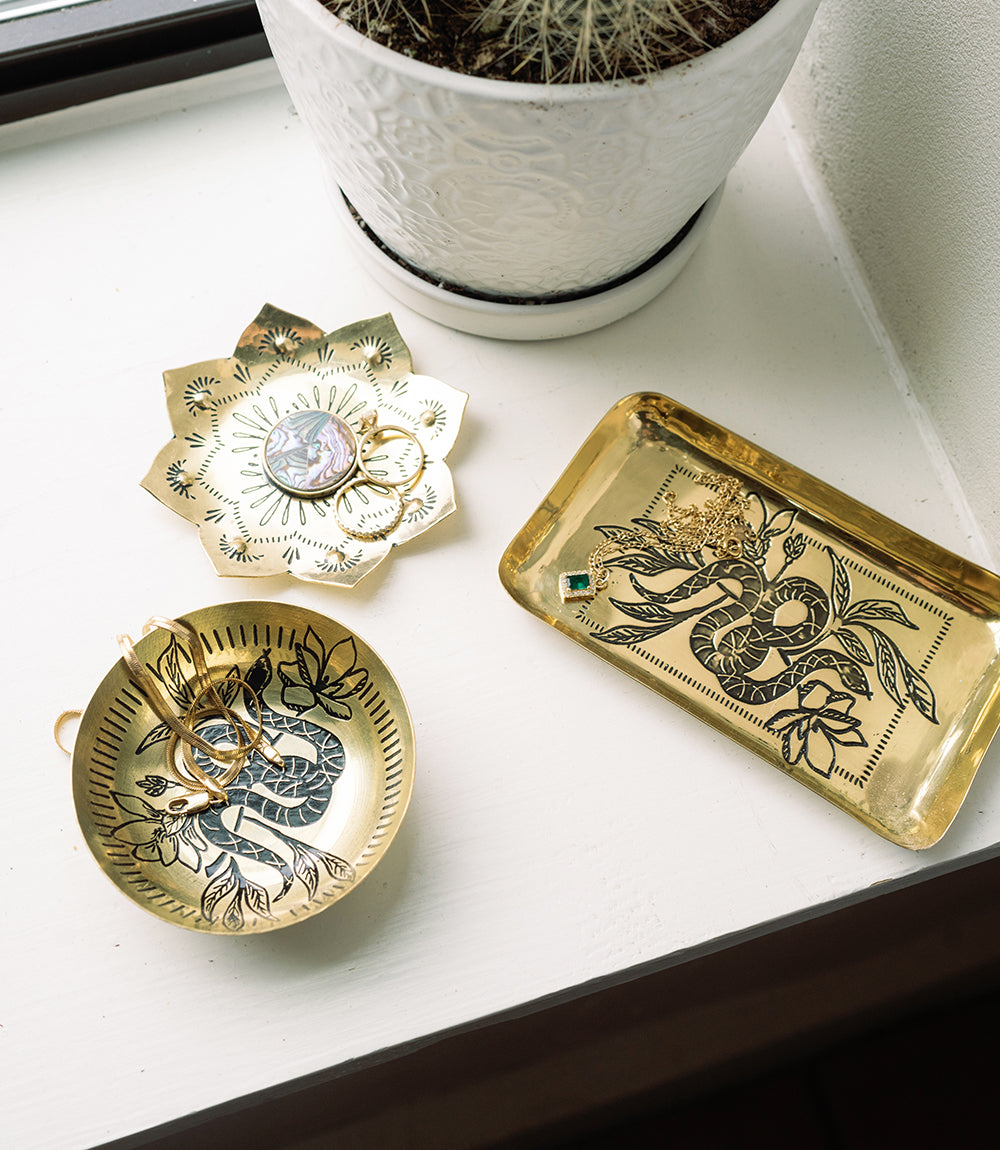 Kairavini Lotus Trinket Dish - Etched Brass, Abalone