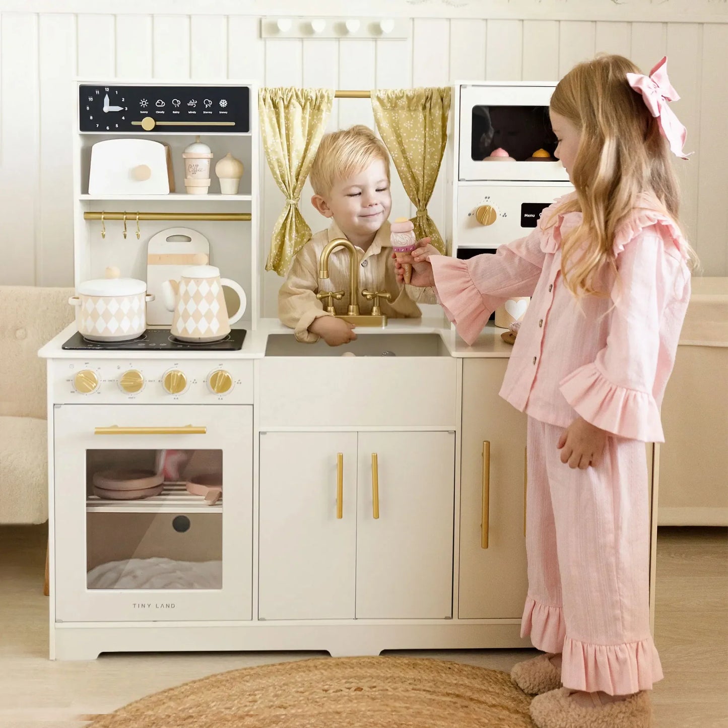 Tiny Land® Iconic Wooden Play Kitchen – Cream Pretend Cooking Set for Kids